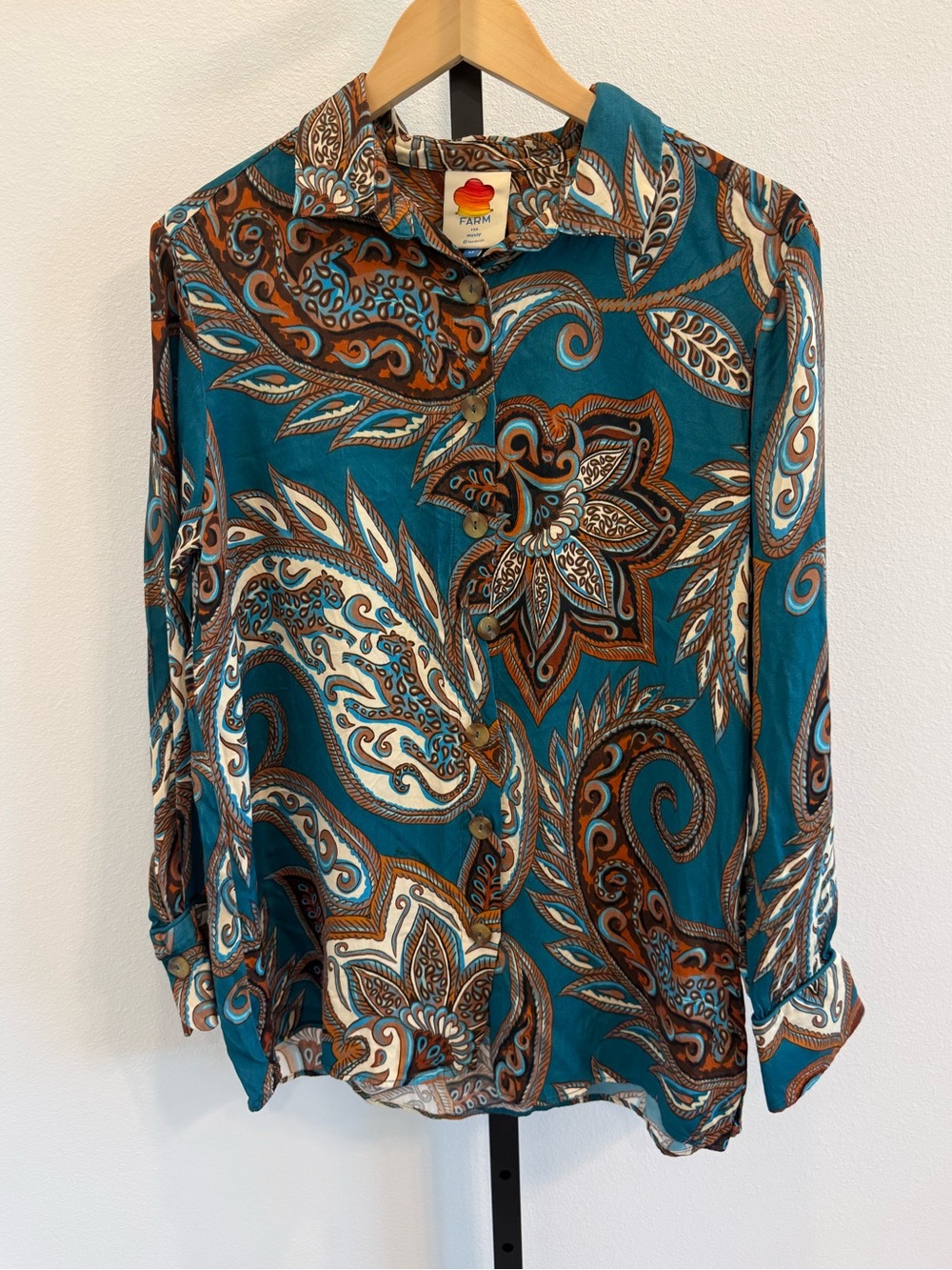 FARM Rio Teal Paisley-Print Button Down Long Sleeve  Shirt Office Boho Satin